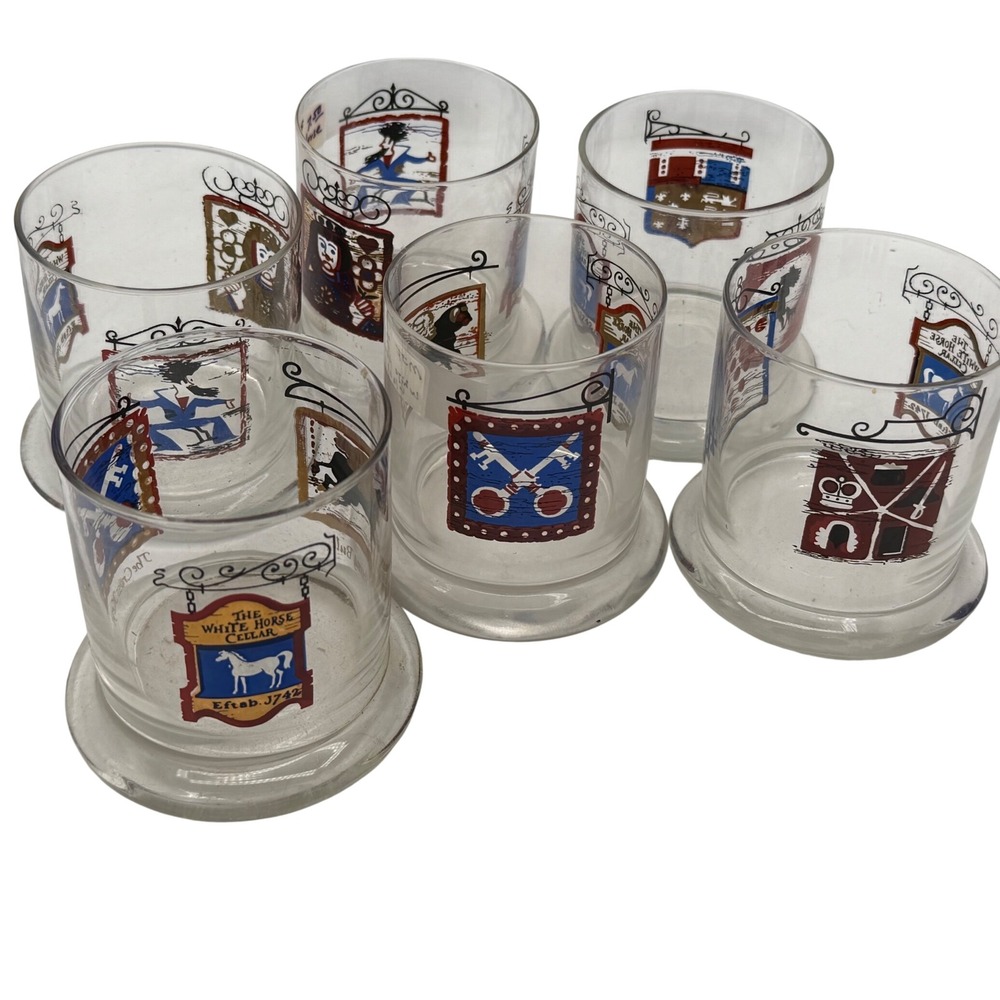 Vintage 1970s White Horse Cellar Scotch Whiskey Glasses Set 6 British Pub Signs